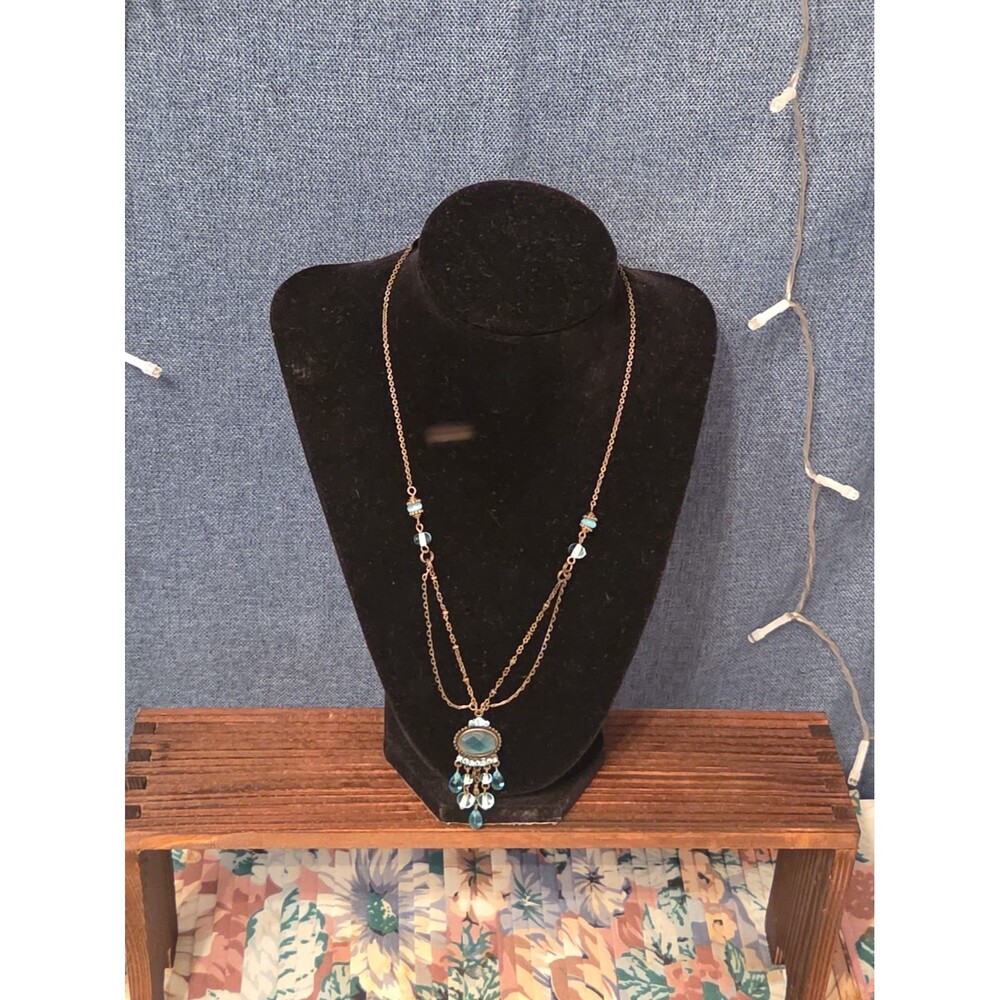 Lia Sophia Blue Bead Double Loop Necklace Antique Gold Tone Boho